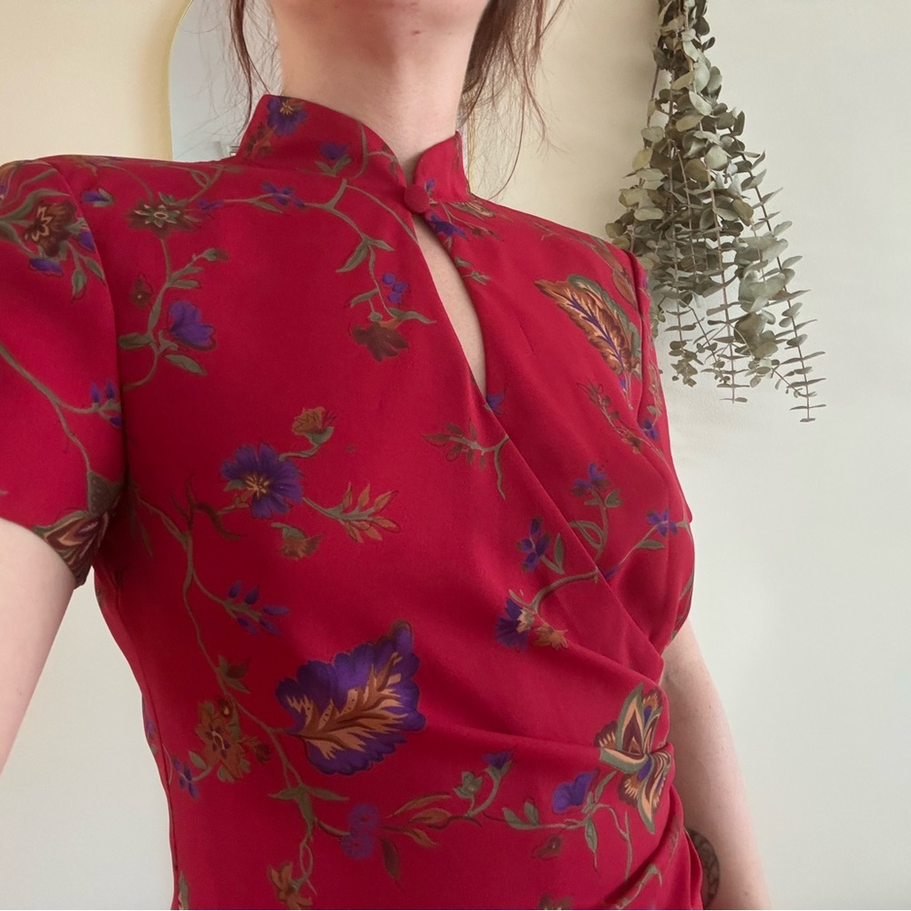 Floral Red Dress with Keyhole Neckline